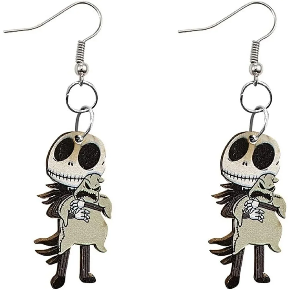 Women's Black Cute Cartoon Halloween Theme Earrings Ghost Pumpkin Wooden